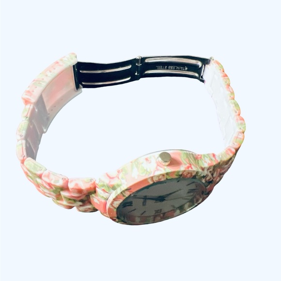 NWOT Strada Pink Flowery Ceramic Watch & 3 Bracelets - Picture 2 of 3